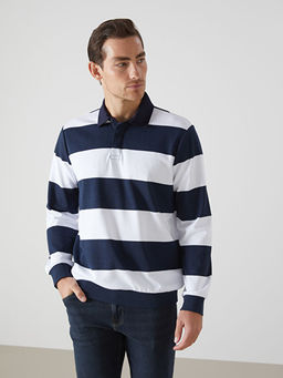 Polo Yaka Uzun Kollu ?izgili Erkek Sweatshirt