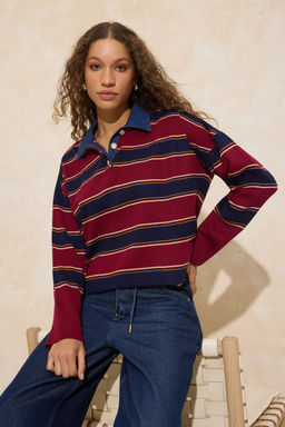 Cok Renkli Cizgili Denim Garnili Polo Yaka Triko Kazak TWOAW26KZ00283