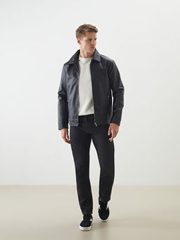 Slim Fit G?mlek Yaka Erkek Deri G?r?n?ml? Mont