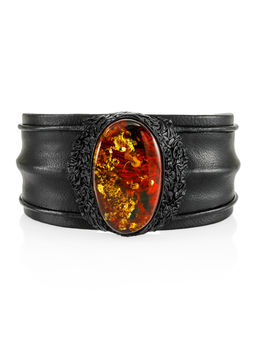 Браслет в сафари-стиле из кожи и натурального янтаря Нефертити