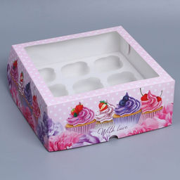 Цена за 5 шт. Коробка для капкейков, кондитерская упаковка с окном, 9 ячеек «Капкейки», 25 х 25 х 10 см