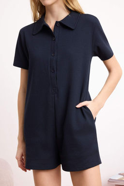 Lacivert Waffle Dugme Detayl? Gomlek Yaka Orme Tulum THMSS24TU00003