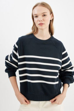 Coool Oversize Genis Kal?p Bisiklet Yaka Cizgili Kal?n Sweatshirt