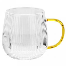 Кружка стеклянная 420мл "Миледи" тонкостенное, рельефное стекло, д9см h9,1см д/горла 7,4см, д/основания 6см, цветная ручка, в индивидуальной коробке (Китай)