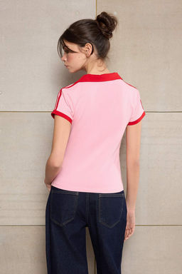 Pembe Fitted/Vucuda Oturan Polo Yaka K?sa Kollu Pamuklu Esnek Orme T-shirt TWOSS26TS00022 - Trendyolmilla фото 6