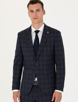 Lacivert Ekose Ekstra Slim Fit Y_n Kar___ml_ Tak_m Elbise