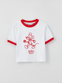 Bisiklet Yaka Mickey Mouse Bask?l? K?sa Kollu K?z ?ocuk Ti??rt