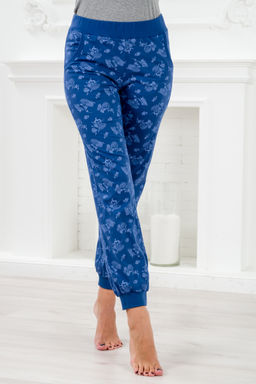 Брюки женские из кулирки на манжете Цветы на синем