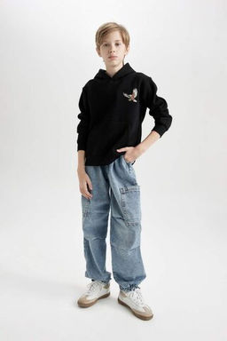 Черная толстая толстовка обычного кроя с капюшоном и принтом животных для мальчиков - Defacto фото 2