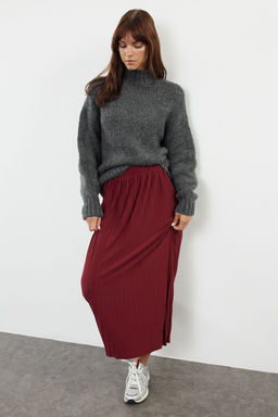 Bordo Yuksek Bel Pilise Esnek Maxi Orme Etek TWOAW25ET00041