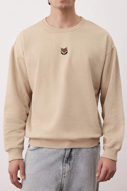 Tas Oversize/Genis Kesim Bisiklet Yaka Uzun Kol Hayvan Nak?sl? Sweatshirt TMNAW24SW00169