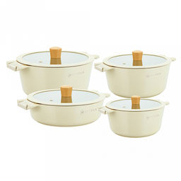 "Zeidan" Набор посуды из литого алюминия 8 предметов: кастрюли 6,6л д28см, 4,4л д24см, 2,4л д20см, жаровня 4л д28см, стеклянные крышки, силиконовый ободок, деревянная ручка, внутреннее антипригарное покрытие, внешнее жаропрочное покрытие, подарочная