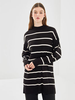 Yar?m Bal?k?? Yaka ?izgili Uzun Kollu Kad?n Triko Tunik