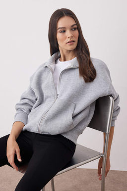 Gri Melanj Oversize/Genis Kal?p Fermuarl? Dik Yaka Kal?n Orme Sweatshirt TWOAW26SW00070