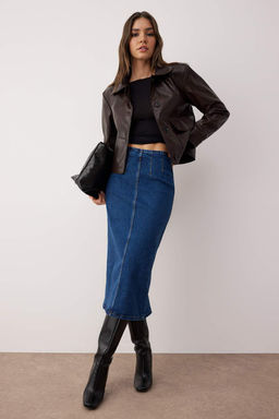 TRENDYOLMILLA Siyah More Sustainable Dikis Detayl? Midi Kalem Denim Etek TWOAW24ET00057