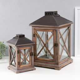 Деревянный подсвечник-фонарь на 1 свечу «Ставни», набор 2 шт., состаренный, 25×25×41 см; 16×16×27 см