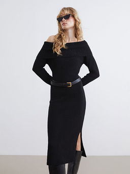 Kay?k Yaka Kemerli Triko Elbise