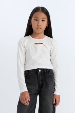 K?z Cocuk Y?lbas? Temal? Slim Fit Dar Kesim Bisiklet Yaka Parlak Kumas Fitilli Kaskorse Uzun Kollu Tisort