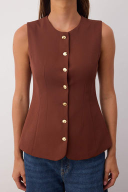 Kahverengi Gold Dugmeli Fitted/Bele Oturan Dokuma Yelek TWOAW26YE00047