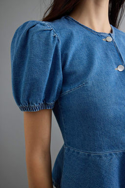 Mavi Balon Kollu D__me Detayl_ Peplum Denim Bluz TWOAW27BZ00037 - Trendyolmilla фото 5
