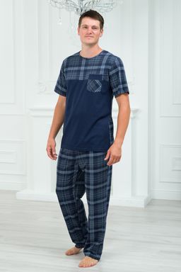 Пижама мужская из футболки с коротким рукавом и брюк из кулирки Макс темно-синяя клетка - Амадэль фото 4