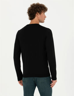 Siyah Slim Fit Bisiklet Yaka Y_n Kar___ml_ Basic Triko Kazak