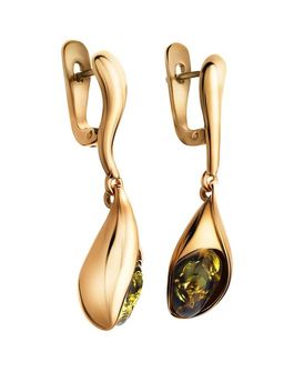 Красивые позолоченные серьги, украшенные янтарём зелёного цвета Пион, 810104151 - Амберхолл фото 3