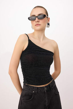 Siyah Asimetrik Yaka Simli Party Bluz TPRSS26BZ00032