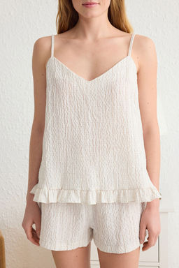 Trendyolmilla Ekru %100 Pamuklu F?rf?rl? Ip Ask?l? Sortlu Dokuma Pijama Tak?m? THMSS25PT00133  фото 3