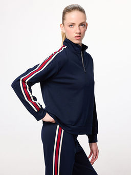 Dik Yaka ?erit Detayl? Kad?n Fermuarl? Sweatshirt