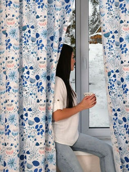 Штора набив. Голубой лотос тесьма п/лен 145*260 см.