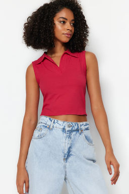 Trendyolmilla Siyah Fitted/Vucuda Oturan Polo Yaka Crop Esnek Orme Bluz TWOSS22BZ0335 фото 44
