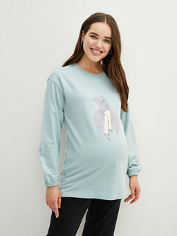 Bisiklet Yaka Bask?l? Uzun Kollu Hamile Sweatshirt