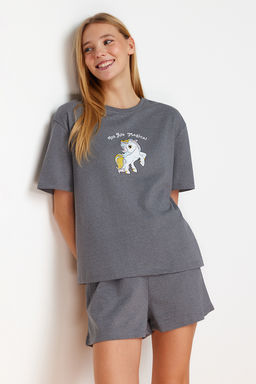 Trendyolmilla Gri Melanj Bask?l? Sortlu Orme Pijama Tak?m? THMSS24PT00116  фото 3