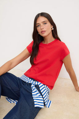 K?rm?z? Regular/Normal Kal?p Ay Kol K?sa Kollu Tok %100 Pamuk Orme T-Shirt TWOSS26TS00181