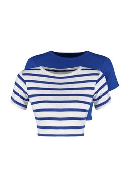 Premium Saks-Ekru Saks Cizgili 2li Paket Viskoz/Yumusak Kumas Crop Esnek Orme Bluz TWOSS23BZ00194