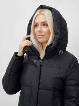 Пальто утепленное стеганное зимнее с капюшоном женское черного цвета 9608Ch - Mtforce фото 7