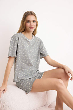 Gri %100 Pamuk Cicekli Dantel Detayl? Orme Pijama Tak?m? THMSS26PT00124