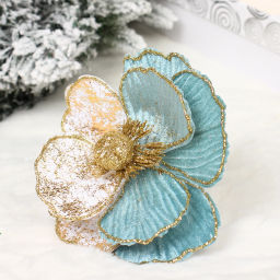 Цена за 2шт. Украшение новогоднее "Пуансеттия - Нежность" 15 см, Голубой/Золото