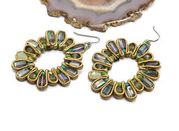 Серьги ручной работы Солнце с цирконами в оплетении цв.горчичный