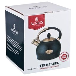 ЧАЙНИК AGNESS СО СВИСТКОМ, СЕРИЯ ЧЕРНОЕ ЗОЛОТО, 3,0 Л ТЕРМОАККУМУЛИРУЮЩЕЕ ДНО, ИНДУКЦИЯ