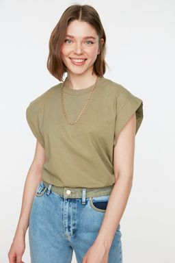 Haki %100 Pamuk Vatka Gorunumlu Basic Bisiklet Yaka Orme T-Shirt TWOSS20TS0021