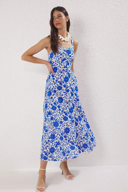 TRENDYOLMILLA K?rm?z? Cicekli Etegi Belden Ac?lan Gipeli Midi Dokuma Elbise TWOSS25EL00036