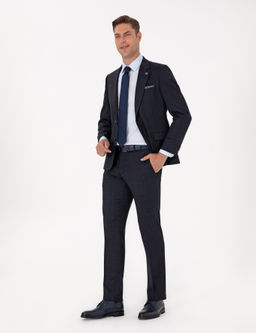Lacivert Slim Fit Y_n Kar___ml_ Ekose Tak_m Elbise
