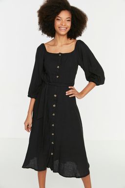 TRENDYOLMILLA Ekru Kusakl? Midi Dugmeli Kare Yaka Dokuma Keten Gorunumlu Elbise TWOSS19IE0009  фото 7