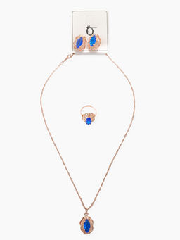 Гарнитур 3 предмета: серьги, кулон, кольцо безразмерное Эдель ажурный овал, цвет син в золоте, 45 см