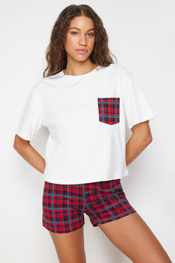 Trendyolmilla Beyaz Cok Renkli %100 Pamuklu Ekoseli Sortlu Orme Pijama Tak?m? THMSS24PT00037