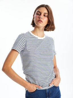 Bisiklet Yaka ?izgili K?sa Kollu Kad?n Ti??rt