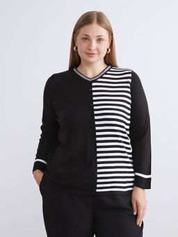 V Yaka ?izgili Kad?n Triko Kazak