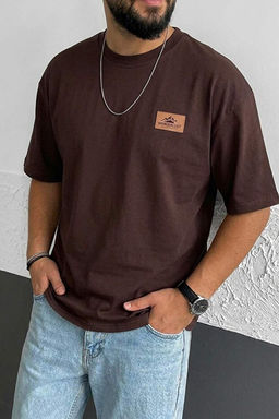 Kahverengi Oversize/Geni_ Kal_p Bask_l_ %100 Pamuk T-Shirt TMNSS26TS00082